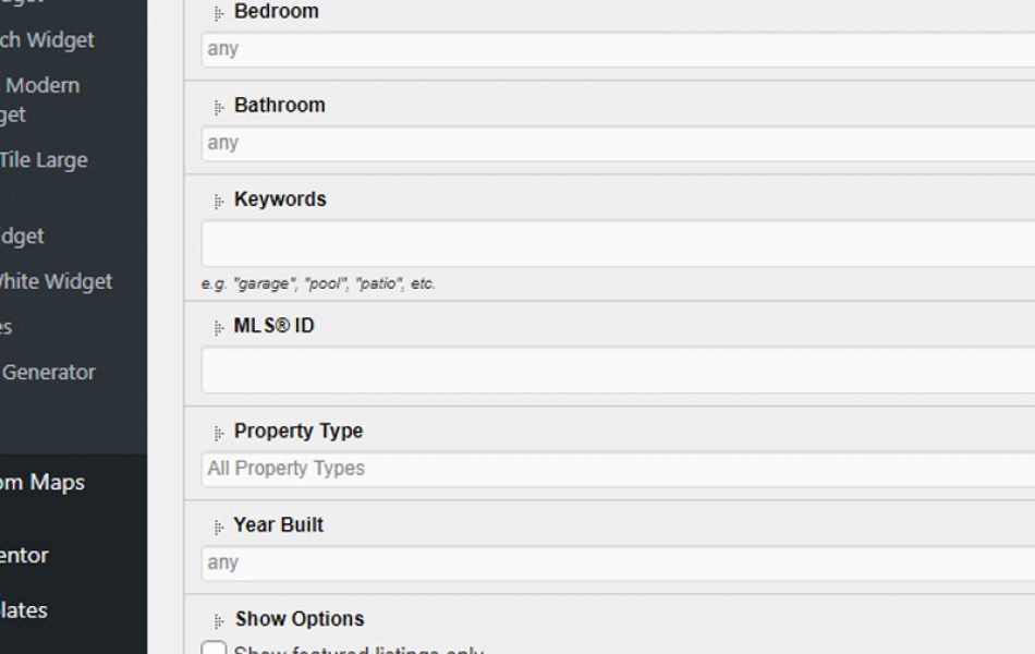 Real estate listing search options screen